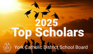 It's sunset. There is a bright sun in the background and an orange sky. There is the silhouette of students are throwing their graduation caps into the air.